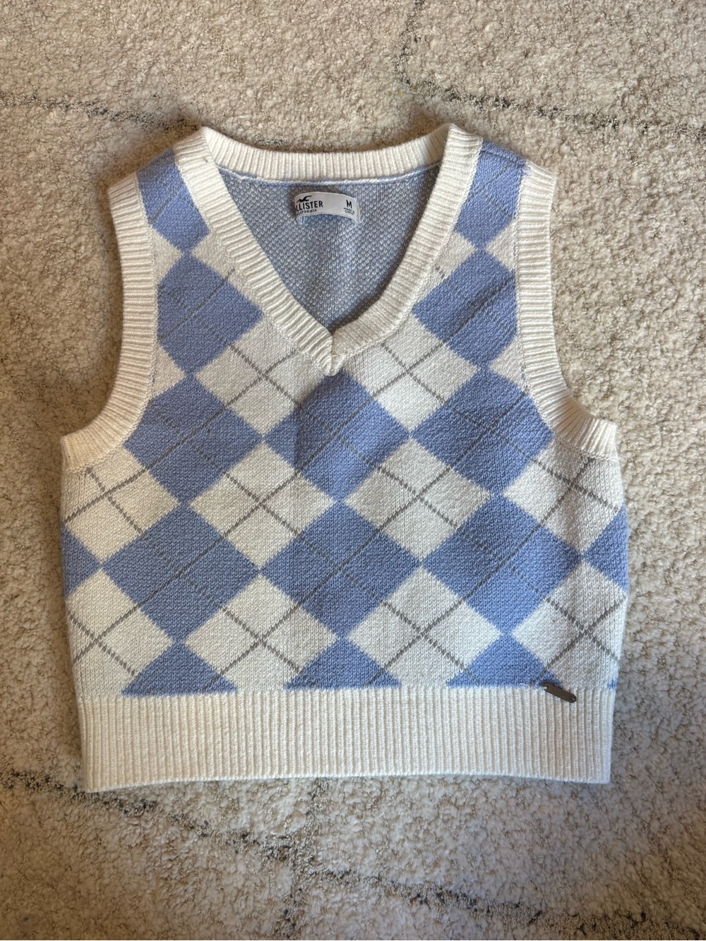 Hollister Blue and Cream V-Neck Sweater Vest Size Medium